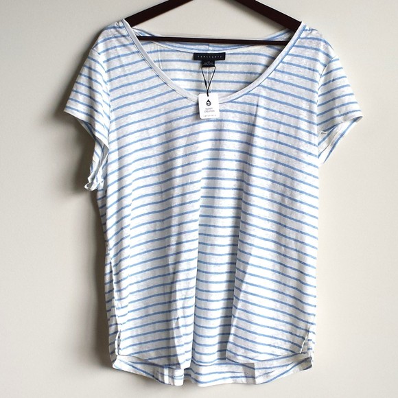 Sanctuary Alma Striped 100% Linen Scoop-Neck Tee Shirt, White Blue Size 2X NEW - Picture 2 of 4